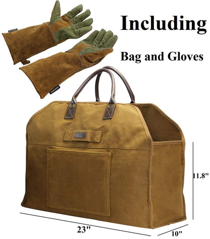 INNO STAGE Firewood Log Carrier Bag Waxed Canvas Tote Holder with Fireplace Pure Leather Gloves for Hay Hauling Outdoor Camping, BBQ Barbecue