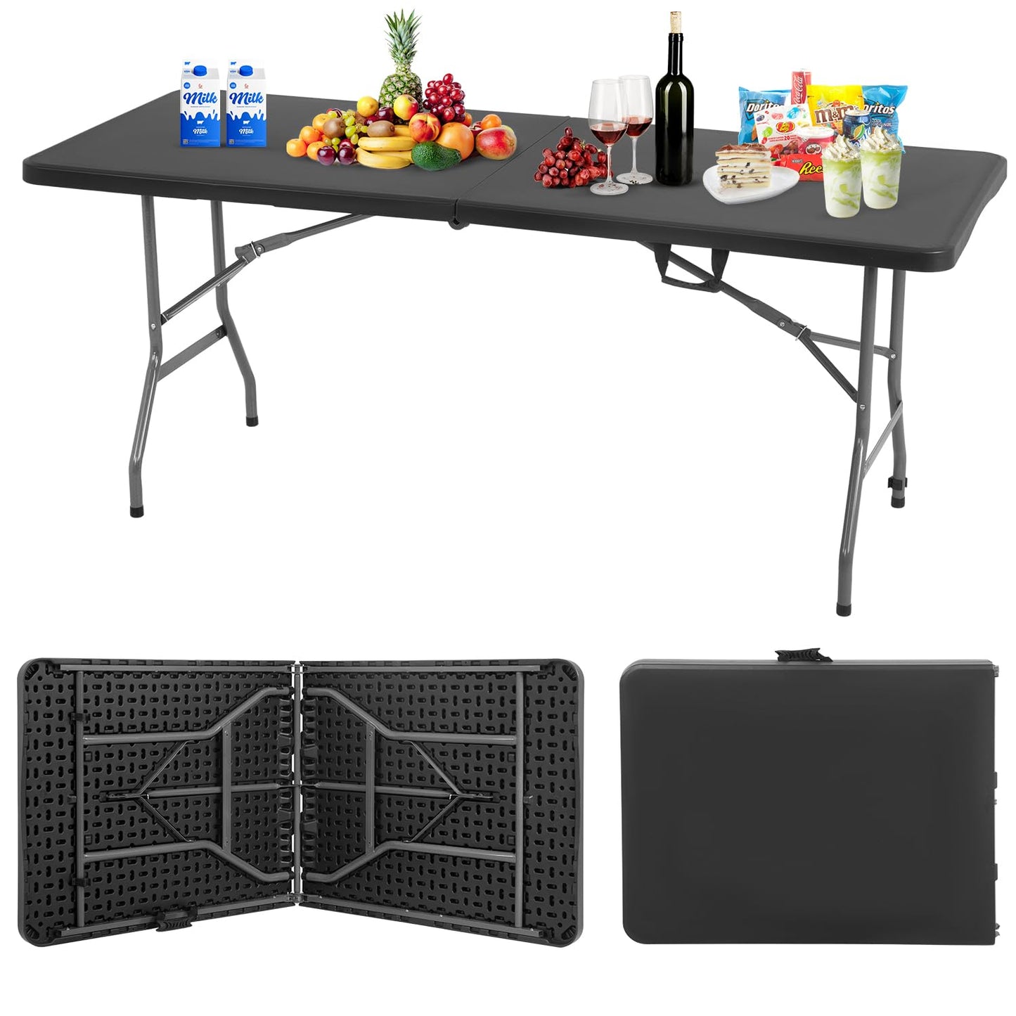 BestOffice Outdoor 6 FT Folding Camping Table Plastic Table Portable Square Height Dining Table Perfect for Picnics, Parties, Party and Camping, Black