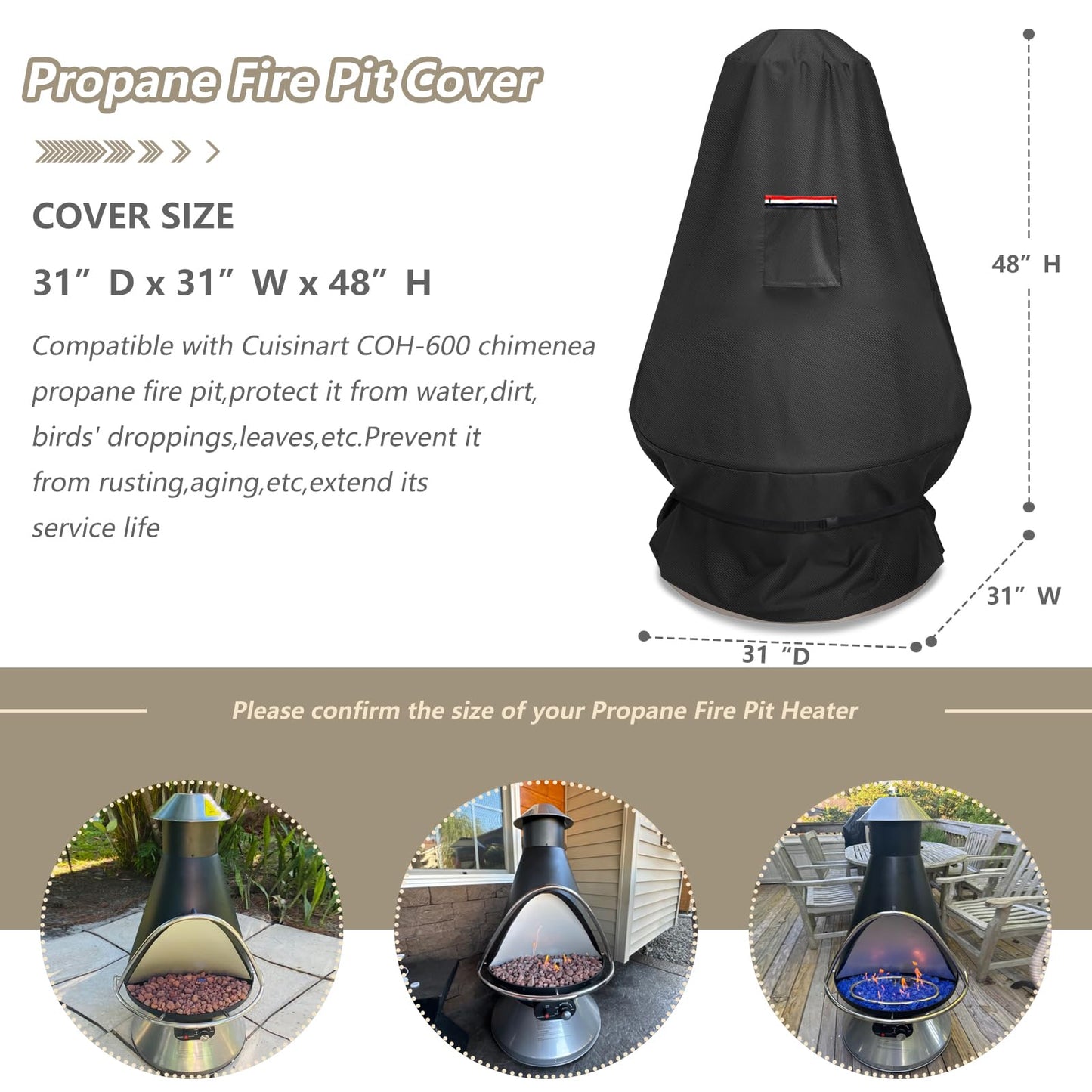 CHC-601 Chimenea Propane Fire Pit Heater Cover,Heavy Duty 600D Waterproof Cover Compatible with COH-600 Chimenea Propane Fire Pit,31"D x 31"W x 48"H,Black