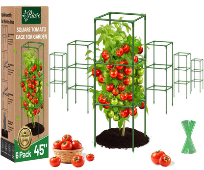 Riare 6 Pack Square Tomato Cages for Garden Plant Support- Up to 45 Inch Tomato Cage Garden Stakes Tomato Trellis for Potted Plants Raised Garden Bed Climbing Vegetables Flowers Outdoor Indoor