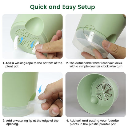 Meowell Self Watering Pots Pack of 6 – Different Size 4" to 7" Indoor Plant Pots with Drainage Holes and Clear Reservoir for Visible Water Level, Plastic Wicking Planters for House Plants, Green