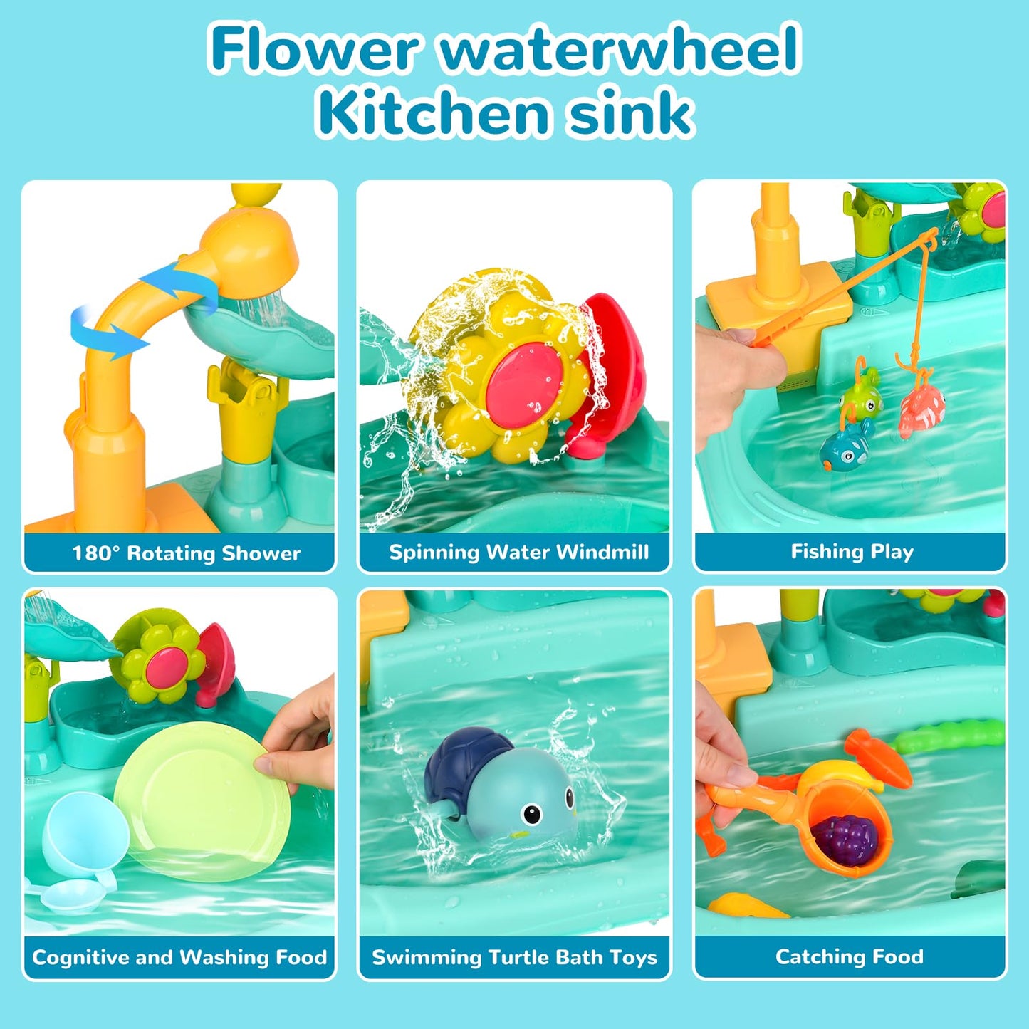 Mini Water Table for Toddler 1-3, Kids Play Sink with Running Water, Outdoor Toys for Kids Ages 4-8 with 360° Electric Faucet, Floating Fishing Game, Sensory Activity Kitchen Toy for Boys Girls