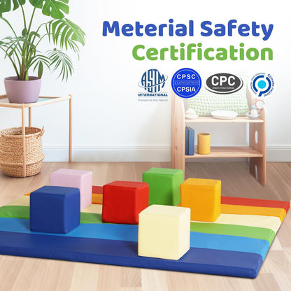 Foam Building Toys for Toddlers: 6Pcs Waterproof PU Leather Soft Foam Blocks - Colorful Large Stacking Blocks - Early Learning Construction Play Set for Kids Indoor Birthday Gift Preschool (Rainbow)