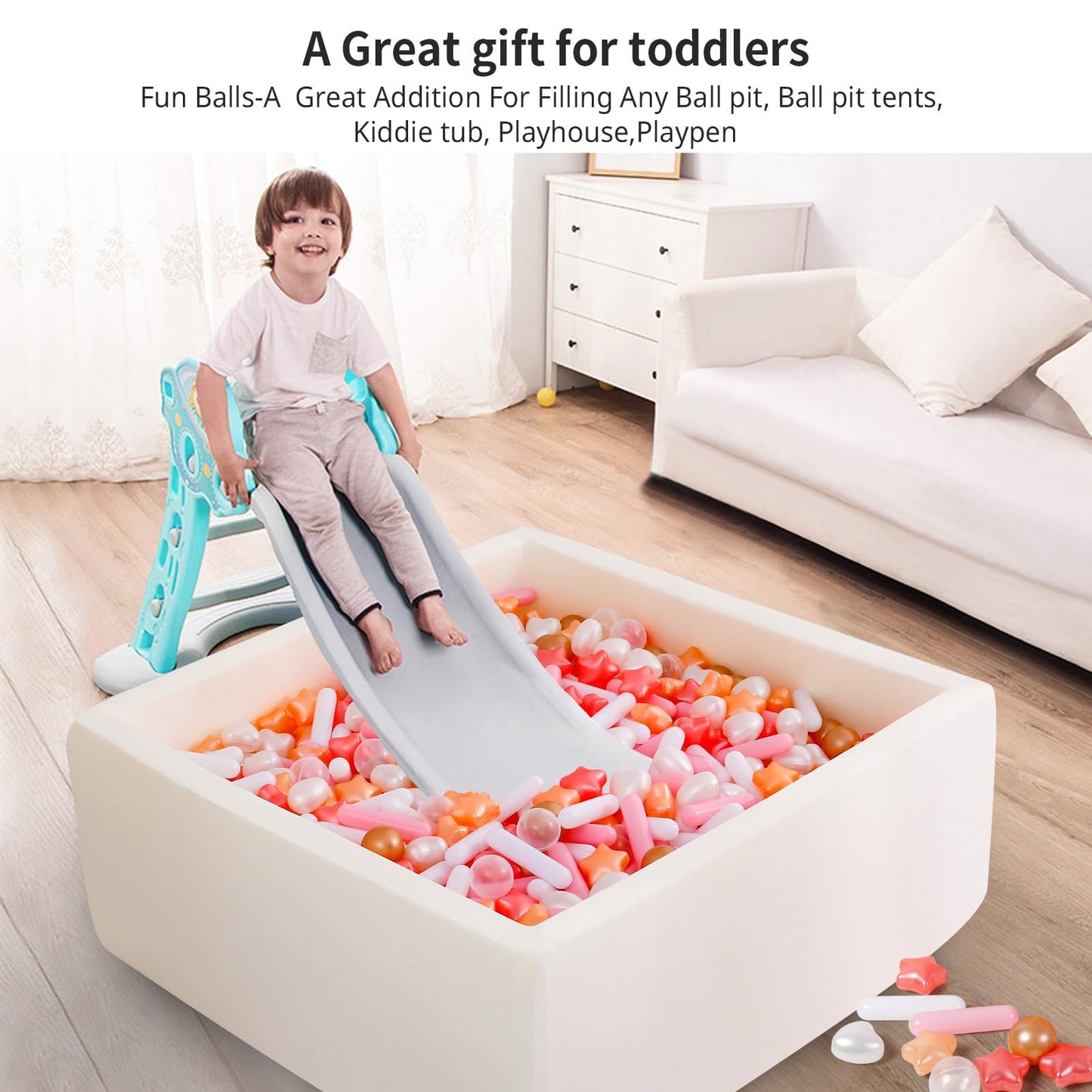 Heopeis Ball Pit Balls Stars Hearts Strip Shapes for Toddlers - 50 150 200 500 Plastic Toy Balls for Boy Girls Ballpit Play Tent Playhouse, Kids Pool Water Toys, Birthday Party Decorations