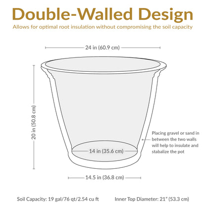 Sunnydaze 24-Inch Anjelica Large Plastic Pot for Plants - Outdoor Double-Walled Large Plastic Planter with Drillable Drainage Holes - Sable