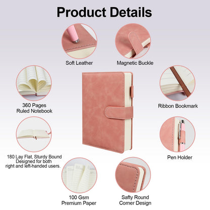 Ciyanwcx Leather Notebook Gift Set - A5 Hardcover Journal with Pen & 6 Heart Bookmarks, Gift Box + Bag (Pink)