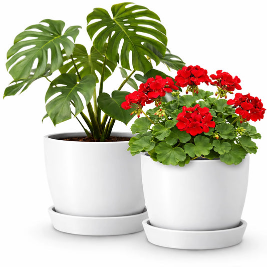 Kin 'n' Kind Plastic/Stone/Wood Composite Round Plant Pots, Set of 2 (6.5" & 5.5") with Drainage and Saucers – Indoor/Outdoor Recycled Planters - Ventura Mist White