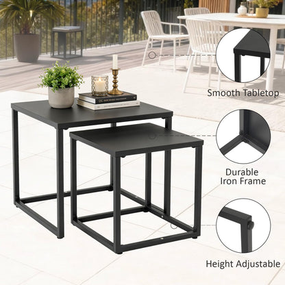 Meluvici Patio Outdoor Coffee Table Set of 2, Weather Resistant Steel Square End Tables, Outdoor Nesting Tables for Patio, Balcony, Bistro and Indoor, Black (Black)