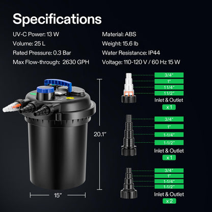 VIVOGROW Bio Pressure Pond Filter, with 13W UV-C Light, 2630 GPH Suitable for Koi Ponds up to 1300 Gallons or Landscape Pools up to 2600 Gallons