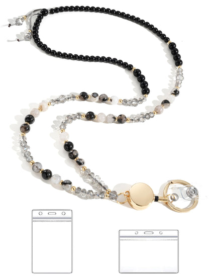 BettDecor Lanyards for ID Badges and Keys,Natural Stone Beaded Teacher Lanyard for Women,Retractable Lanyard with ID Holder Cute Lanyards