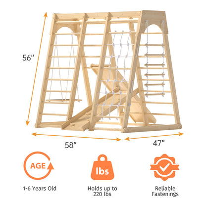 LunaQuest Indoor Jungle Gym for Toddlers, 8-in-1 Wooden Montessori Climbing Toys with Slide, Swing, Rock Wall, Rope Ladder, Monkey Bars – Indoor Playground for Kids Ages 1-8