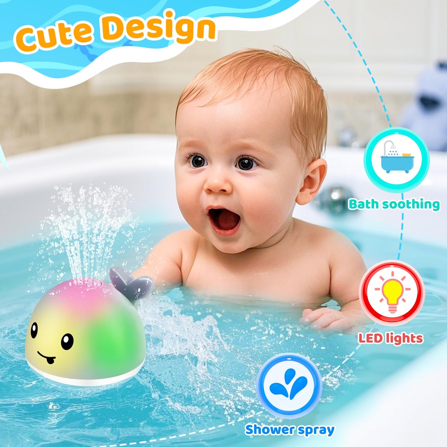 WAVISA Light Up Whale Bath Toys Sprinkler for Babies 6-12 12-18 Months, Kids Ages 1-3 2-4, Baby Infant Toddler Summer Pool Water Fountain Bathtub Toys for 1 Year Old Boys Girls Birthday Gifts