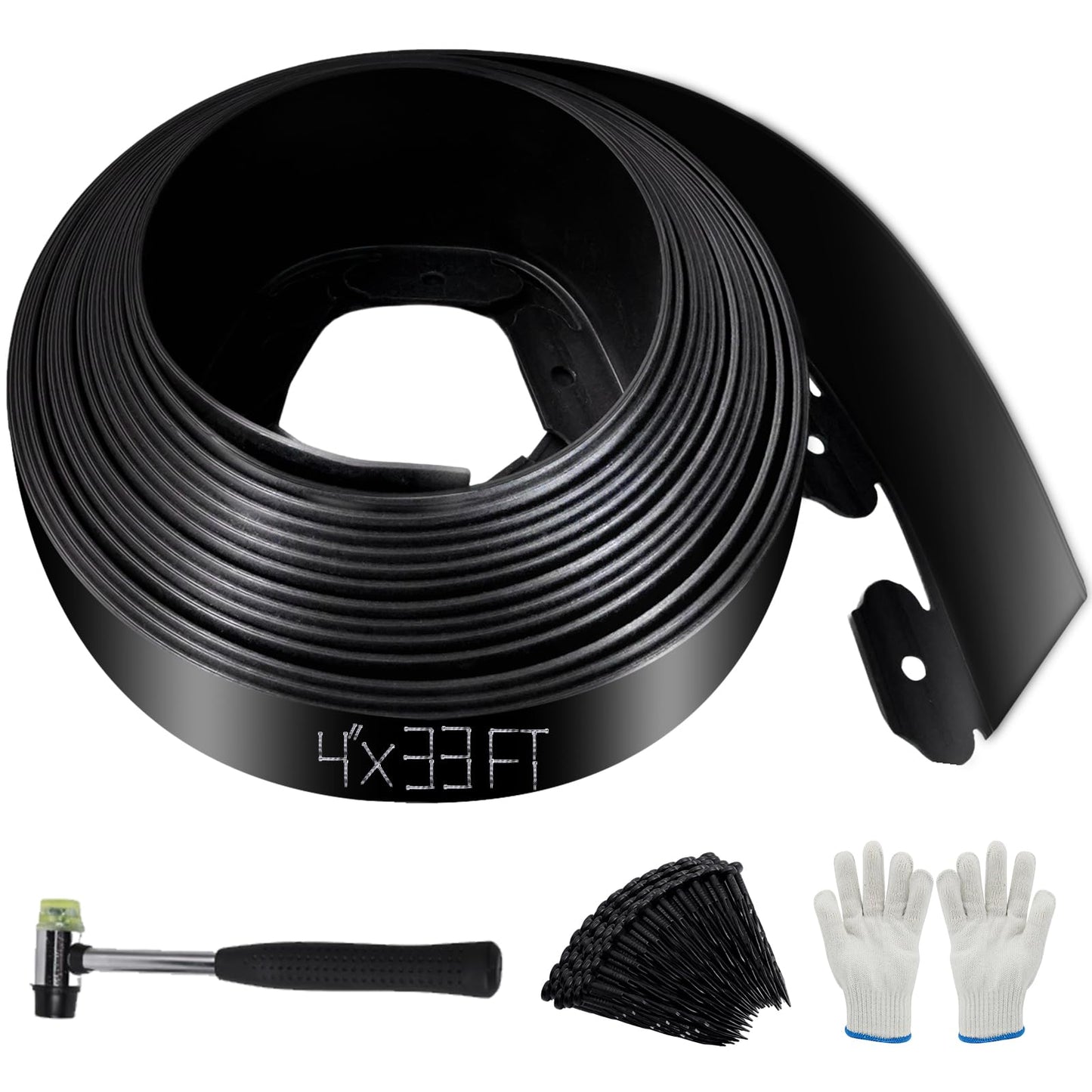 No Dig Landscape Edging 33FT, 4 Inch Plastic Edging for Landscaping with 100 Spikes, for Garden, Lawn, Flower Beds and Yard, Black