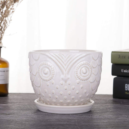 VanEnjoy 6.5 Inch White Owl Ceramic Planters Plant Pot for Medium Plant, Succulent, with Saucer