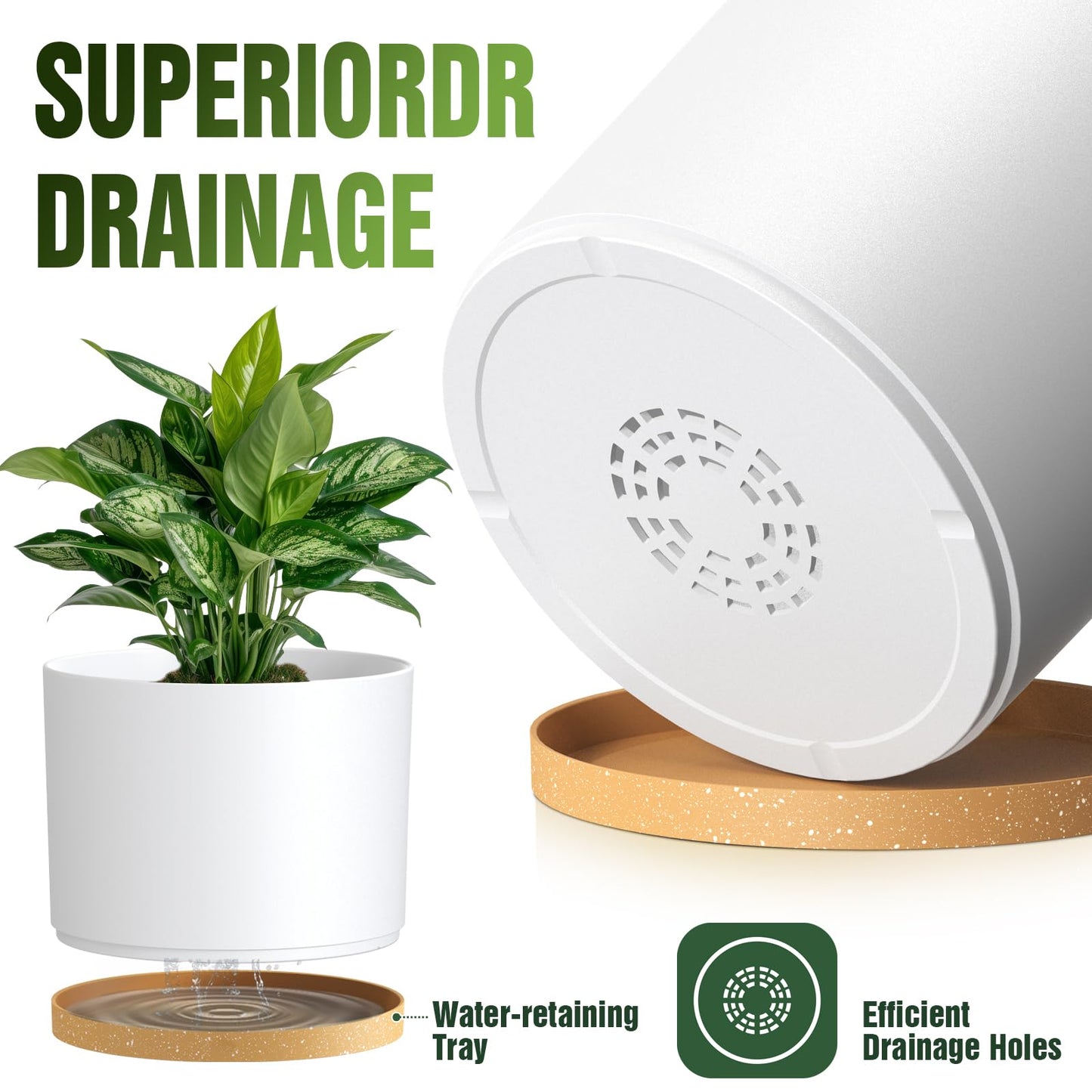 Areutxbis 10/9/8 Inch Large Plant Pots with Drainage Holes and Trays, 3 Pack Modern Minimalist Cylinder Planters for Monstera, Snake Plant, Indoor Outdoor (Matte White & Brown)