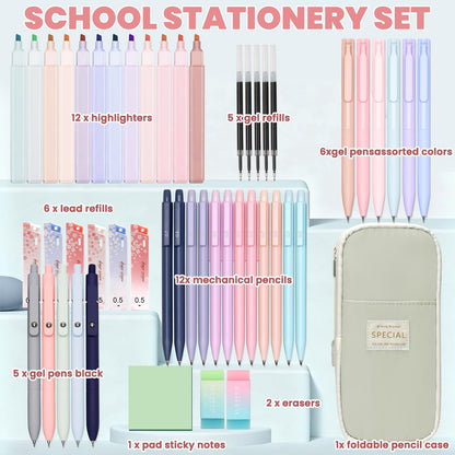 50 PCS Aesthetic School Supplies with Cute Pen Case,12 Pastel Highlighters,5 Black Ink Gel Pens, 12 Mechanical Pencils Set 0.5 & 0.7 mm 6 Color Gel Pens for Students Stationary College Essentials