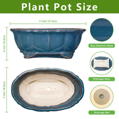 Teagas Bonsai Tree Pot - 11 Inch Ceramic Succulent Pots, Bonsai Planter for Indoor Outdoor, Decorative Plant Pot with Drainage Hole, Oval Flower Pot, Home Garden Decor, Garden Gifts, Retro Blue