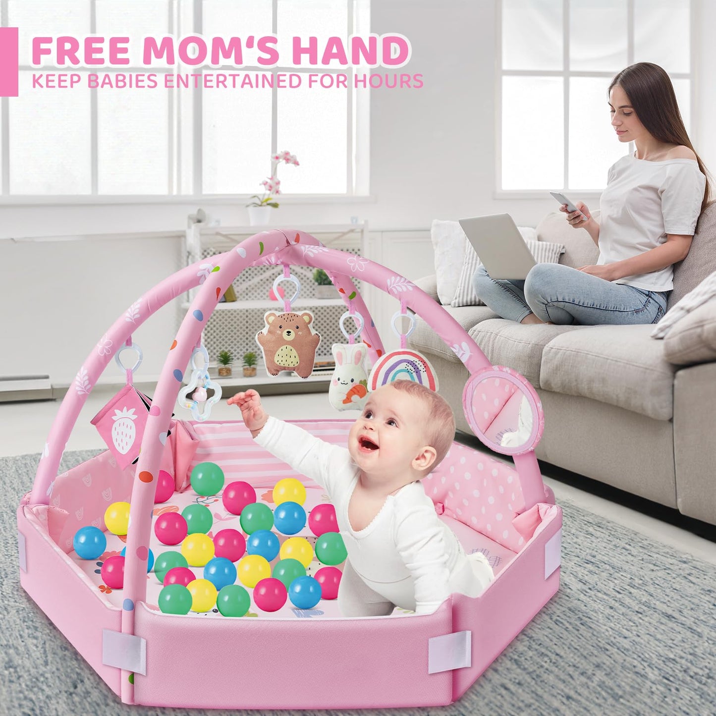 Baby Gym Play Mat, 8-in-1 Tummy Time Mat & Ball Pit with 6 Toys, Washable Baby Activity Mat for Visual, Hearing, Sensory, Motor Development, Babies Gift for Newborn Infant 0-3-6-9-12 Months (Pink)