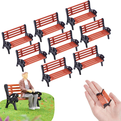 8Pcs Miniature Park Street Bench Chair Model, 1:24 Scale Garden Seats, Tiny Park Benches Settee for Dollhouse and Fairy Garden Accessories, Train Platform and Miniature Landscape,1.65 in, Brown