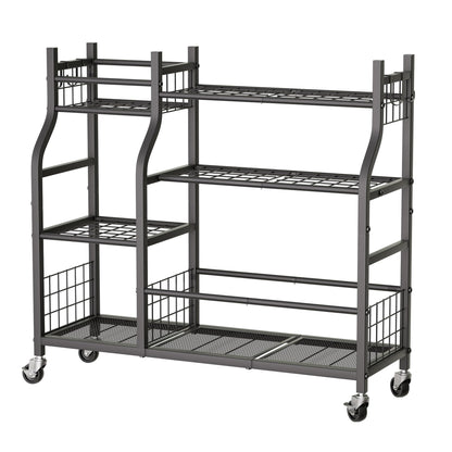 Garden Tool Organizer with Wheels for Garage and Shed, Spacious Tool Storage, Multi-Tier Design with Side Hooks for Rakes, Shovels, Brooms, and Yard Tools Rolling Cart