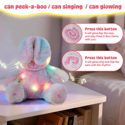 Glow Guards 10'' Light up Peek-a-Boo Bunny Stuffed Animal, Singing Rainbow Bunny Stuffed Toy, Animated Interactive Rabbit Plush Toys Easter Birthday Gifts for Baby Toddlers Girls Boys