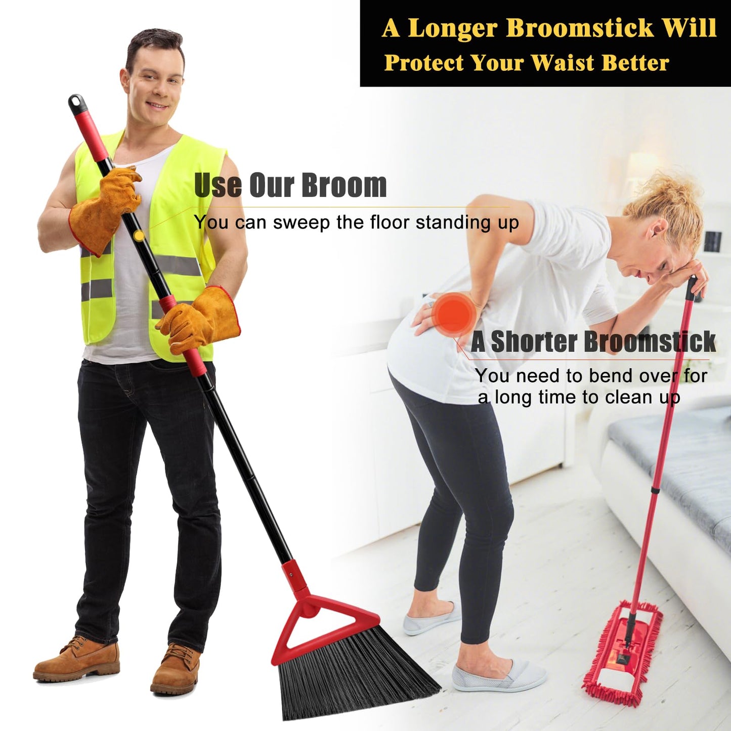 PUTNATRUE Heavy Duty Broom of Outdoor and Indoor, 4 Packs Upgraded Commercial Angle Brooms, Perfect Red Broom of House,Kitchen, Garage, Courtyard, Concrete