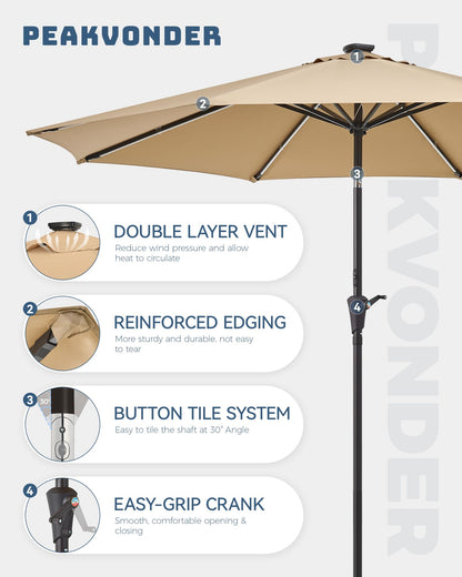 PEAKVONDER 7.5 ft Outdoor Patio Umbrella with Solar Lights - Small Heavy Duty Beach/Table/Pool/Deck/Market Umbrella, Dual Charging, Tilt, APP & Button Control, UV/Fade-Resistant, Tan HPU752T
