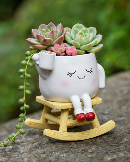 RZOIKZOI Rocking Chair Smiley Face Planter,Cute Plant Pots for Indoor Outdoor Plants,Succulent Pots with Drainage Hole,Unique Funny Flower Pot,Plant Gifts for Mother's Day, Birthday, Christmas（White）