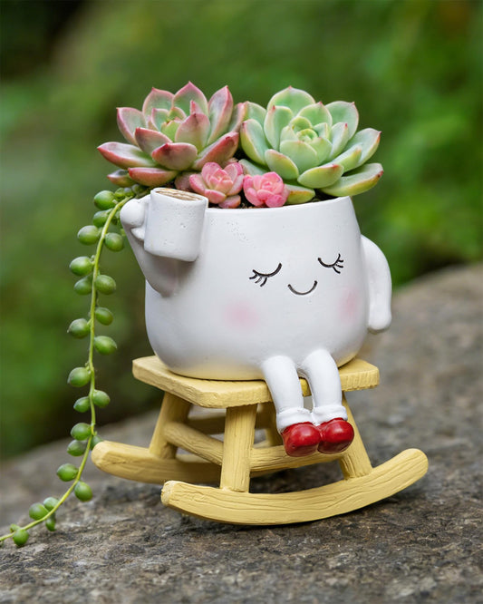 RZOIKZOI Rocking Chair Smiley Face Planter,Cute Plant Pots for Indoor Outdoor Plants,Succulent Pots with Drainage Hole,Unique Funny Flower Pot,Plant Gifts for Mother's Day, Birthday, Christmas（White）