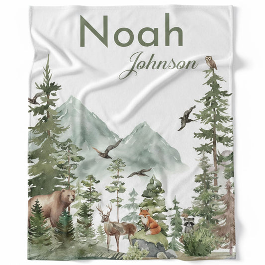 Personalized Woodland Baby Blanket with Name, Custom Name Blanket for Boy, Printed in USA, Super Soft Blankets for Newborn, Customized Gifts for Baby Shower Birthday Christmas