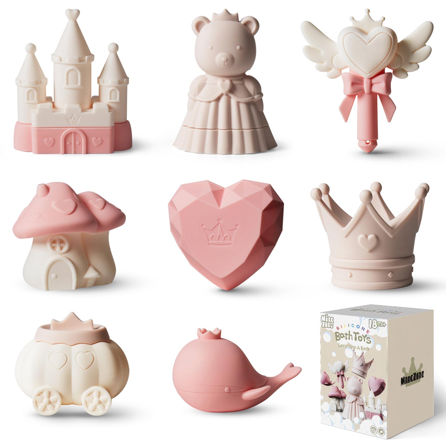 MarcZero Princess Silicone Bath Toys 8Pcs for Toddlers Kids Babies,Bathtub Water Toys,Soft Squeezable Easy-Grip Pool Toys Set (Pink)