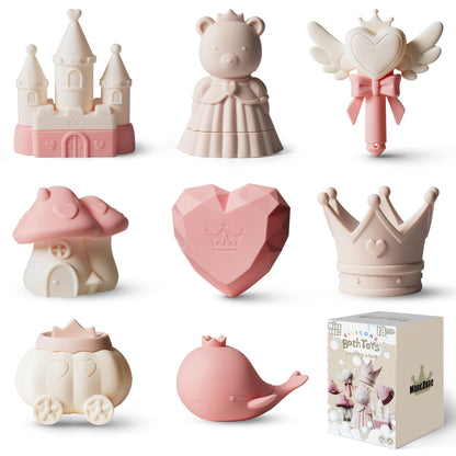 MarcZero Princess Silicone Bath Toys 8Pcs for Toddlers Kids Babies,Bathtub Water Toys,Soft Squeezable Easy-Grip Pool Toys Set (Pink)