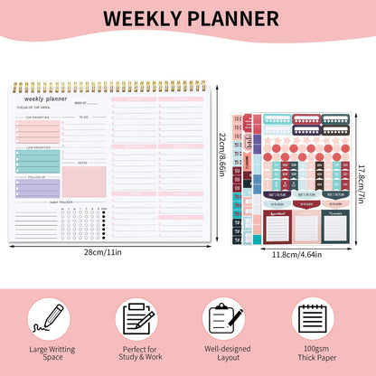 Weekly To Do List Notepad, 8.5''x11'' Weekly Desk Planners with 52 Tear Off Sheets Undated Planner Habit Tracker & Productivity Organizer for Home and Work, Pink