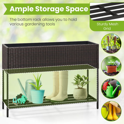 HAPPYGRILL Raised Garden Bed, Rattan Planter Raised Bed with Legs, Bottom Storage Shelf, Removable Liner, Drainage System, Wicker Elevated Planter Box w/Legs for Vegetables Flowers (40” x 12” x 28”)