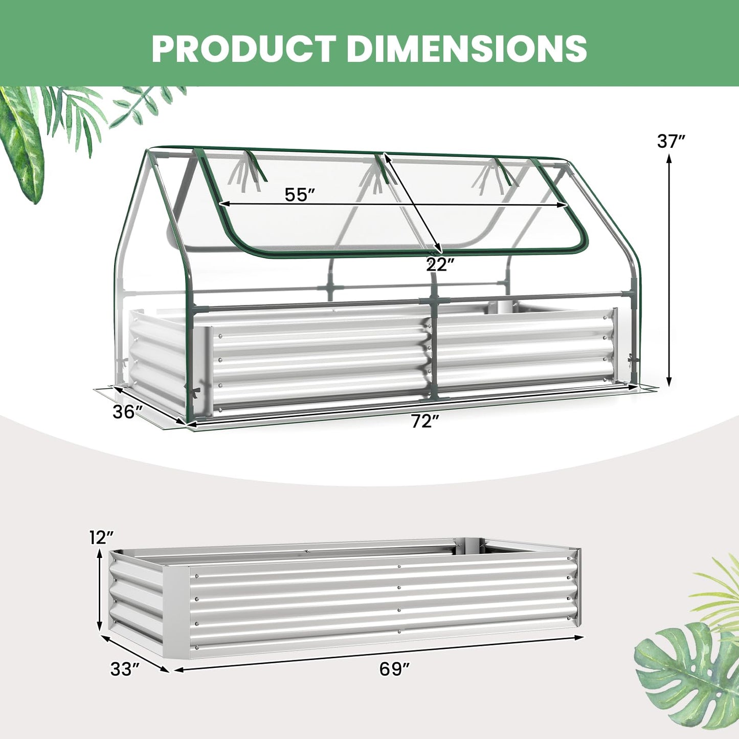 HAPPYGRILL Raised Garden Bed with Cover, Galvanized Metal Planter Box Kit w/2 Large Zipper Mesh Screen Windows, Outdoor Raised Beds for Gardening, Flowers, Vegetables (Silver)
