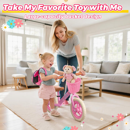 Adjustable Toddler Balance Bike for 2-5 Years Old,Kids Balance Bike with Basket,Kids Bicycle for 2 3 4 5 Years Old Girl Birthday Christmas Toy Gift,Soft Seat & Handlebar,Puncture-Proof LED Tire,Pink