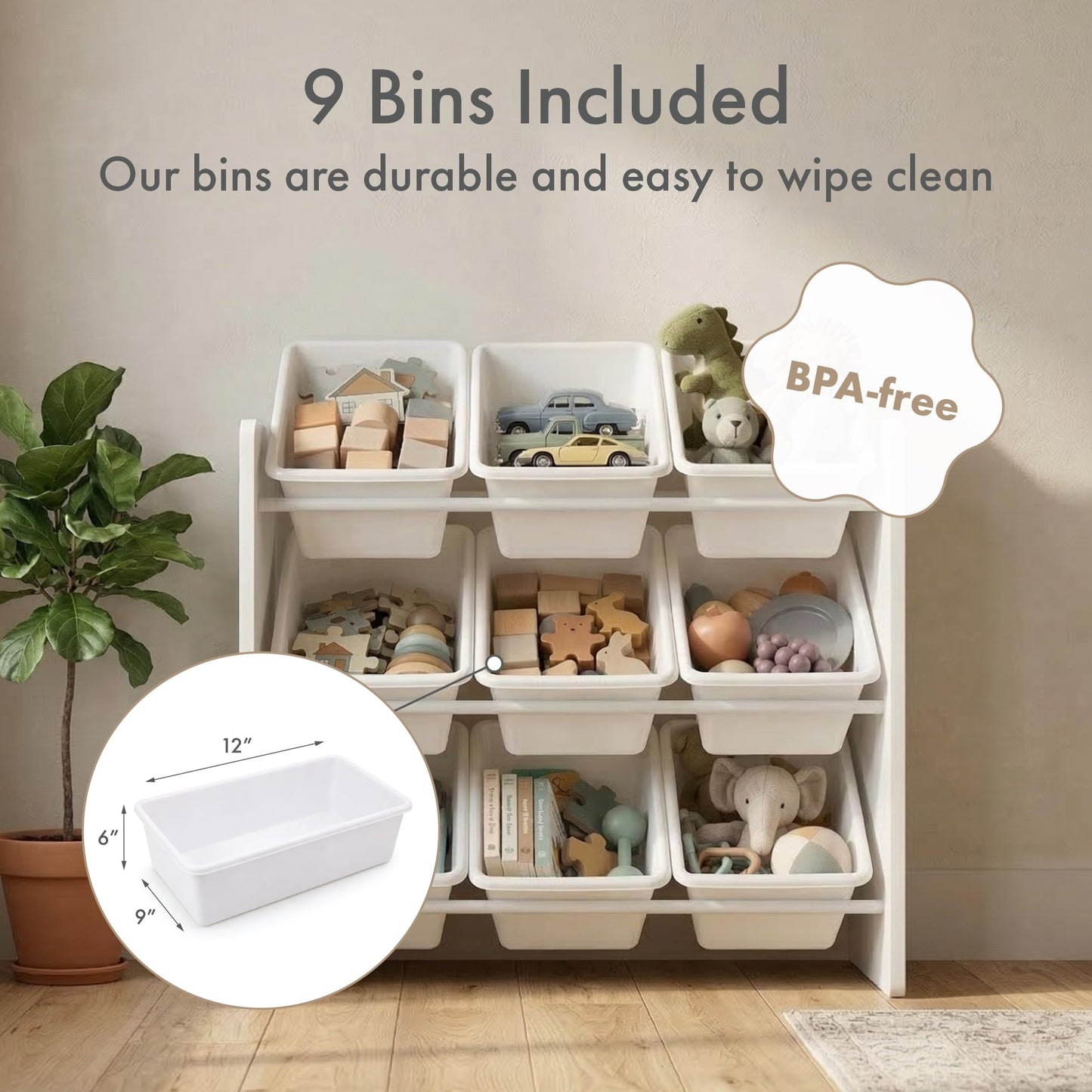Humble Crew Toy Storage Organizer with 9 Removable Storage Bins for Kids Playroom, 3-Tier Toddler Toy Organization and Storage, White/White
