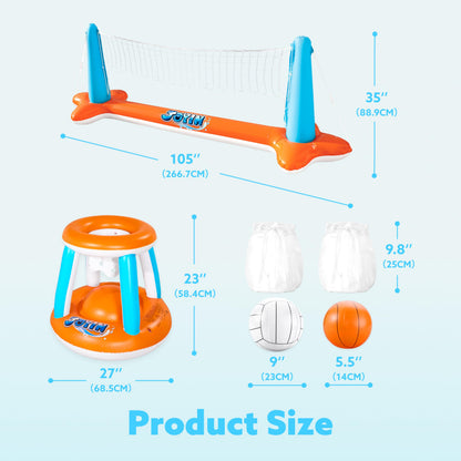 JOYIN Inflatable Pool Float Set Volleyball Net & Basketball Hoops, Floating Swimming Game Toy for Kids and Adults, Summer Floaties, Volleyball Court (105”x28”x38”)|Basketball (27.6”x23”),L-Orange