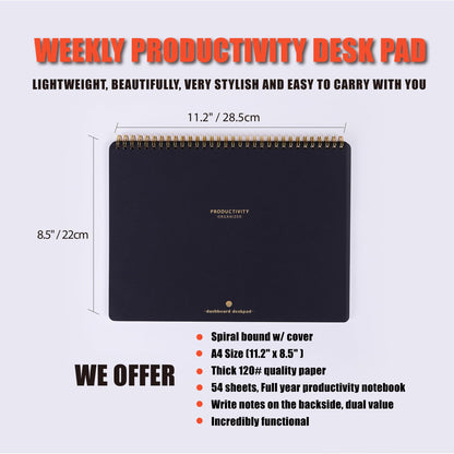 ZERONE CENTRE Productivity Weekly Planner - 54 Sheets Dashboard Spiral Deskpad Has 6 Focus Areas to List Tasks for Goals, Projects, Clients, Academic, or Shopping-Organize Your Daily Work Efficiently