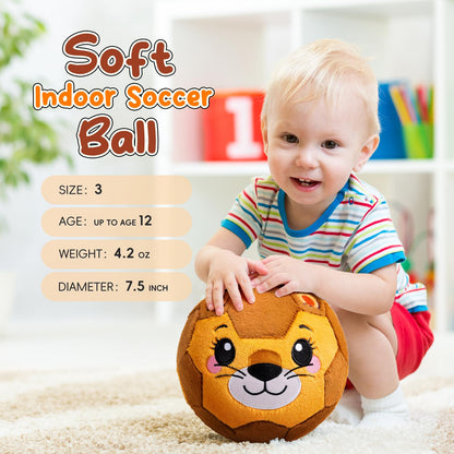 VangeBow Silent Indoor Soccer Balls for Toddlers 1-3, Inflatable Soft Plush Baby Toddler Soccer Ball Toys Gifts for 1 2 3 4 5 Year Old Boy Girl First Birthday Gift (Lion, Pump Include)