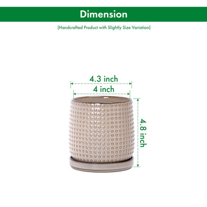 D'vine Dev Set of 2 Ceramic Plants Pots, 4 Inch Beaded Stoneware Flower Pot for Plants with Drainage Hole and Saucer, Light Brown, 27-E-Z-4