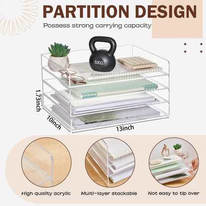 Harloon 4 Tier Acrylic Paper Tray, 13 x 10 x 1.7 Inches, Heavy Duty Stackable Organizer for A4/letter Paper, No Assembly Required, Transparent Acrylic File Storage for Office Workspace Desktop Storage