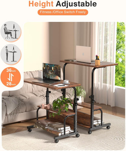QZMDSM Portable Rolling Desk on Wheels Adjustable Height Desks for Small Spaces, 32" Computer Desk Drafting Tables with Storage Shelves for Home Office Rustic