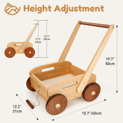 Woodtoe Wooden Baby Walker for Toddlers, Adjustable Speed Push Toys for Babies Learning to Walk, with Wooden Building Blocks Set for Kids, 24 PCS Rainbow Gem Cubes Stacking Blocks