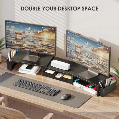 OPNICE Desk Organizers and Accessories, Dual Monitor Stand Riser with Drawer and 2 Pen Holders, Desk Shelf Metal Computer Racks for Office Workspace Organizers, Desktop Organization (Black Metal)