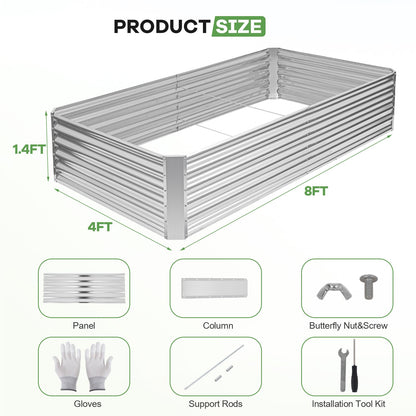 HEALSTOK Galvanized Raised Garden Bed Kits, Metal Planter Box Outdoor, 8x4x1.4ft Rectangular Steel Planter Bed for Vegetables, Fruits, Flowers, Herbs(Silver)
