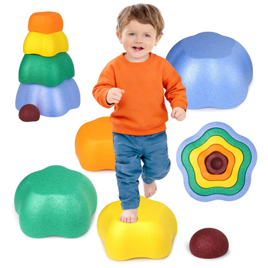 LESSETI 5 PCS Sunflower Stepping Stones for Kids - Colorful Stacking Balance Toys, Obstacle Course Coordination Game for Toddlers Ages 1-6, STEM Indoor Outdoor Play Toy, Birthday Gift for Boys Girls