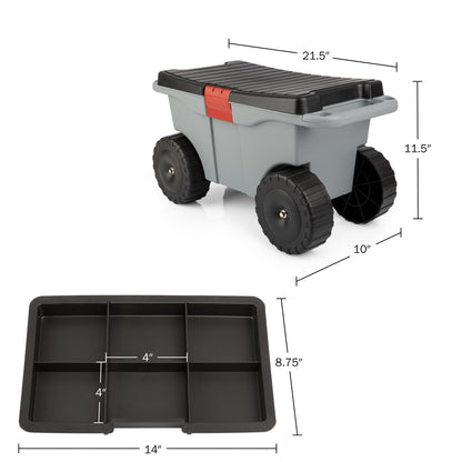 Pure Garden Rolling Garden Cart with Seat - Plastic Storage with Bench and Interior Tool Tray - Gardening Stool for Weeding and Planting (Gray)