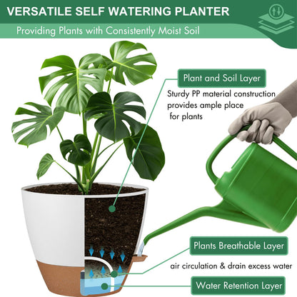 montresor 12/10/8 Inch Self Watering Pots for Indoor Plants Plastic Large Pot for Outdoor Plants, Water Level Window & Spacious Reservoir Flower Pots Decorative Planter with Drainage and Tray (White)