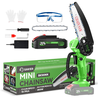 Saker Mini Chainsaw Cordless,6 Inch Chainsaw, Mini Electric Chainsaw Cordless Battery Powered,One-Hand Portable Chain Saw for Tree Trimming, Pruning&Wood Cutting,Gifts for Men Husband